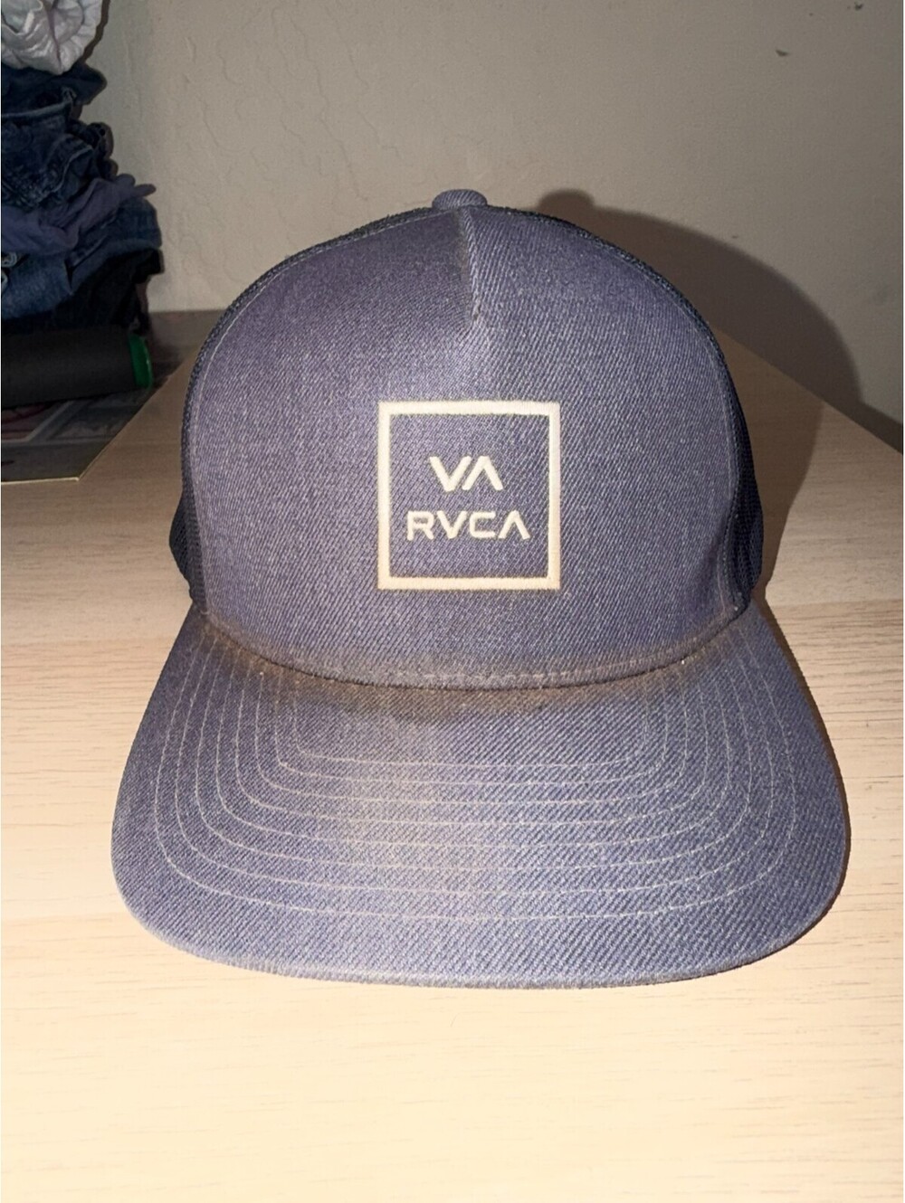 RVCA Mens Trucker Hat Snapback Mesh Back Blue Gray Patch Cap Mid Fit Flat Brim